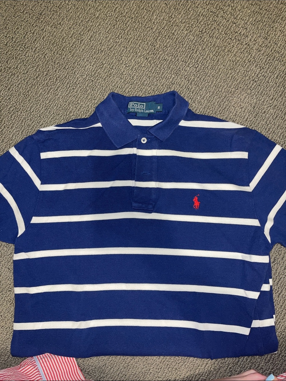 Polo by Ralph Lauren Navy and White Striped Polo with Red Pony